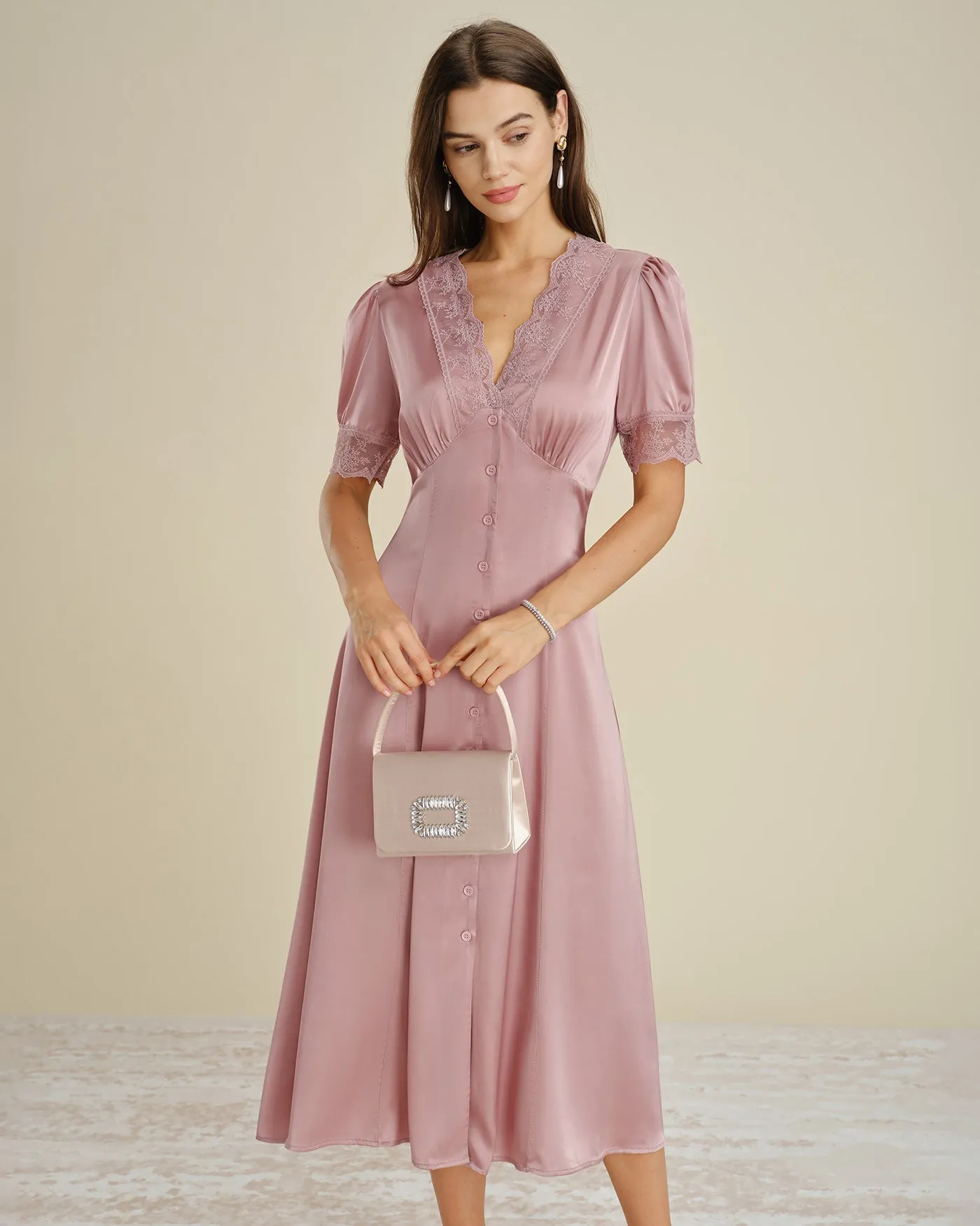 Pink Lace Splicing Satin Midi Dress sold by rihoas product image thumbnail 3