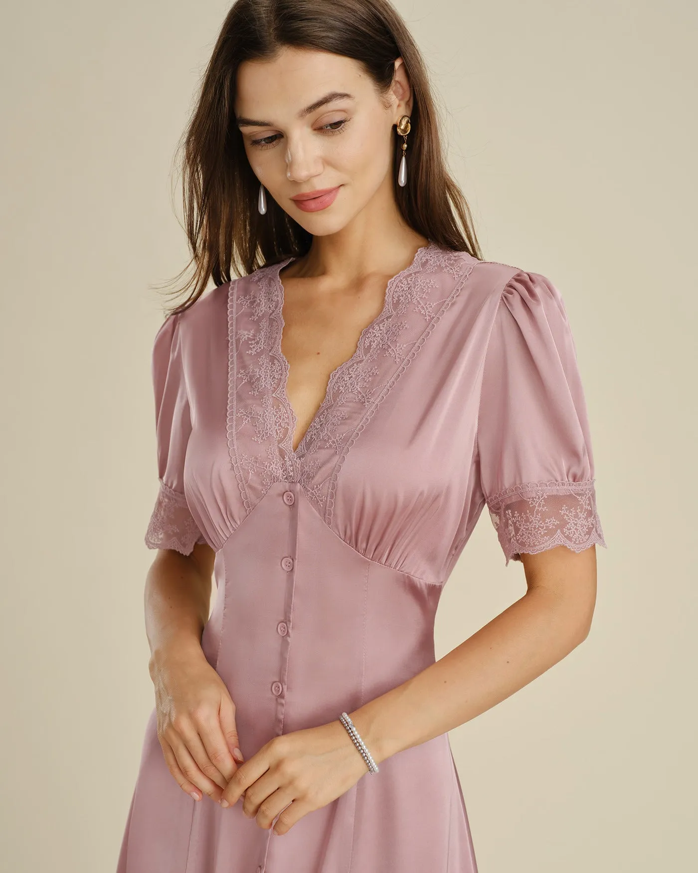Pink Lace Splicing Satin Midi Dress sold by rihoas product image thumbnail 2