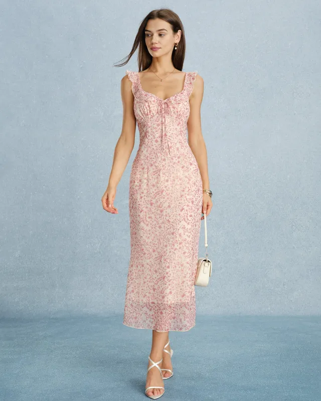 Pink V Neck Tie Ruffle Midi Dress made by rihoas