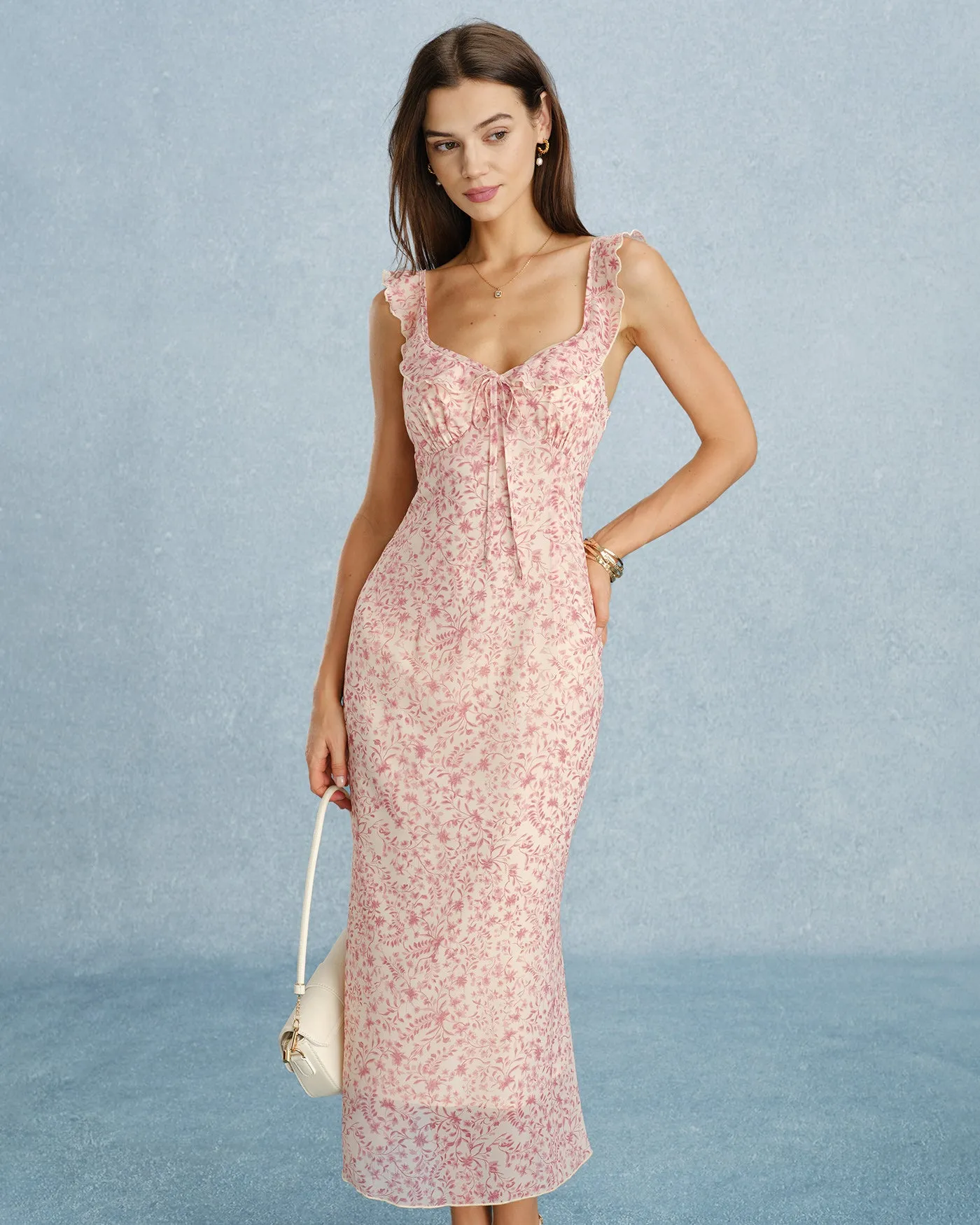 Pink V Neck Tie Ruffle Midi Dress sold by rihoas product image thumbnail 4