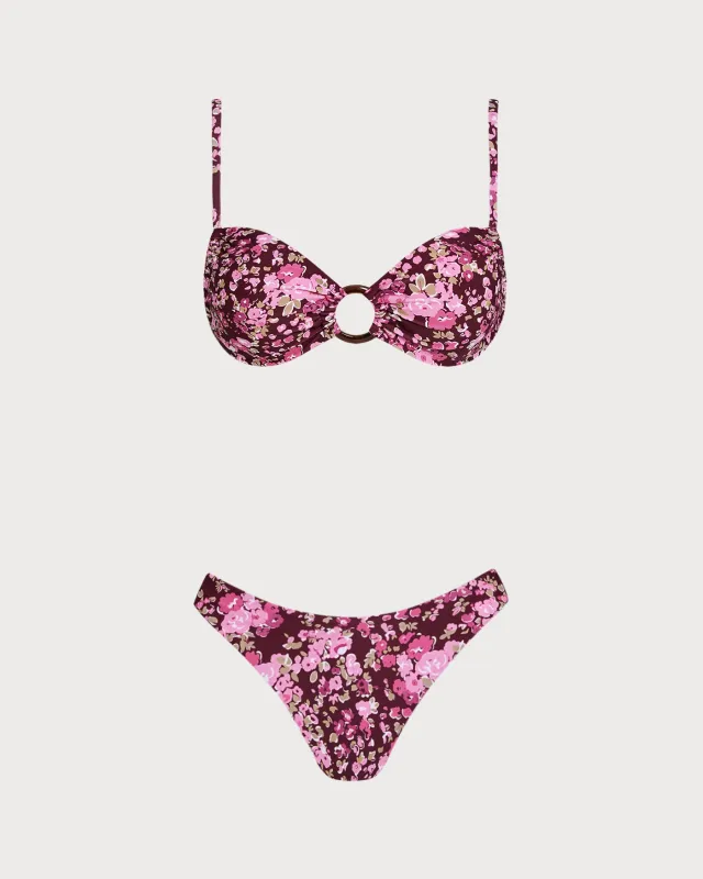 Wine Red O-Ring Floral Bralette Bikini Set made by rihoas