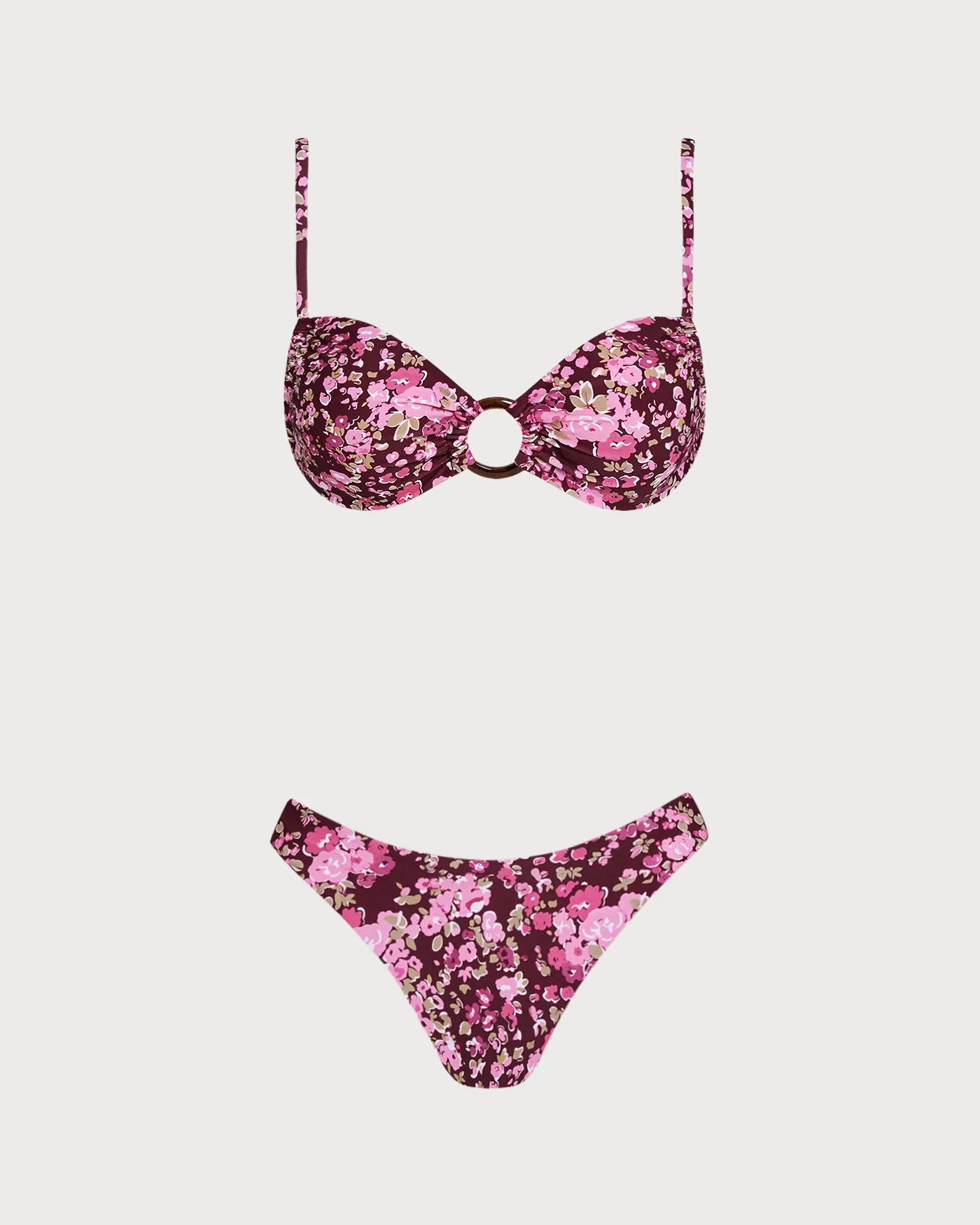 Wine Red O-Ring Floral Bralette Bikini Set sold by rihoas