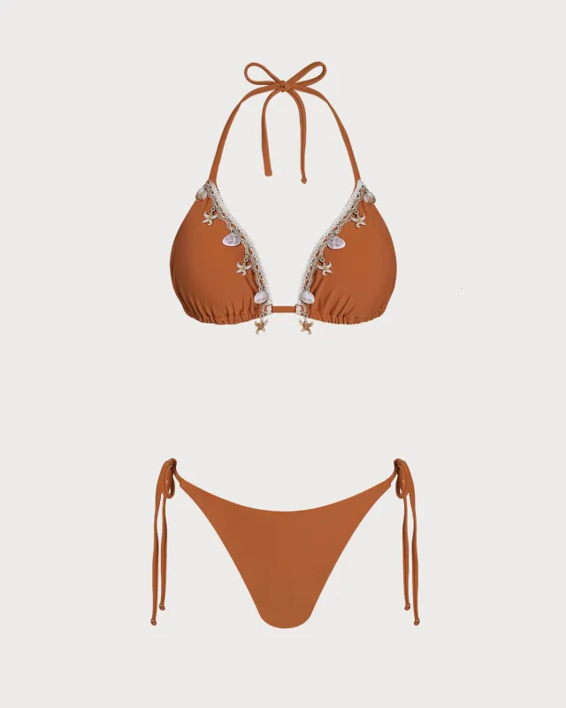 Brown Halter Crochet Triangle Bikini Set made by rihoas