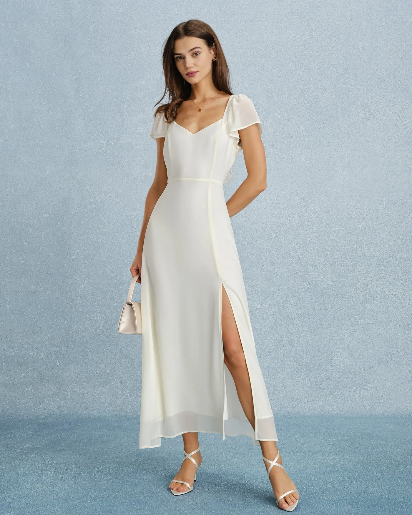 Apricot Sweetheart Neck Slit Chiffon Maxi Dress sold by rihoas