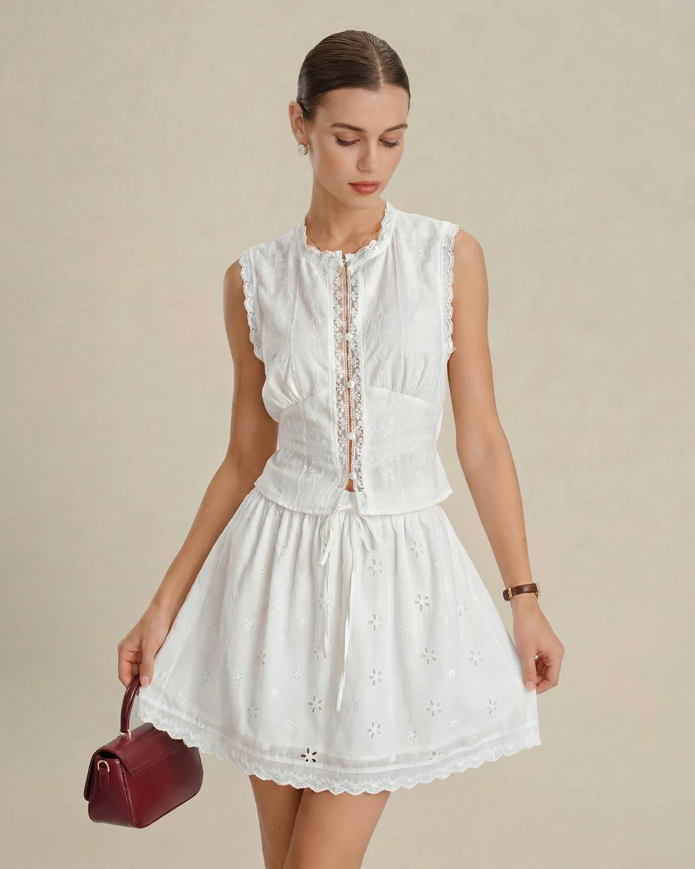 White Embroidery Lace Button Tank Top sold by rihoas