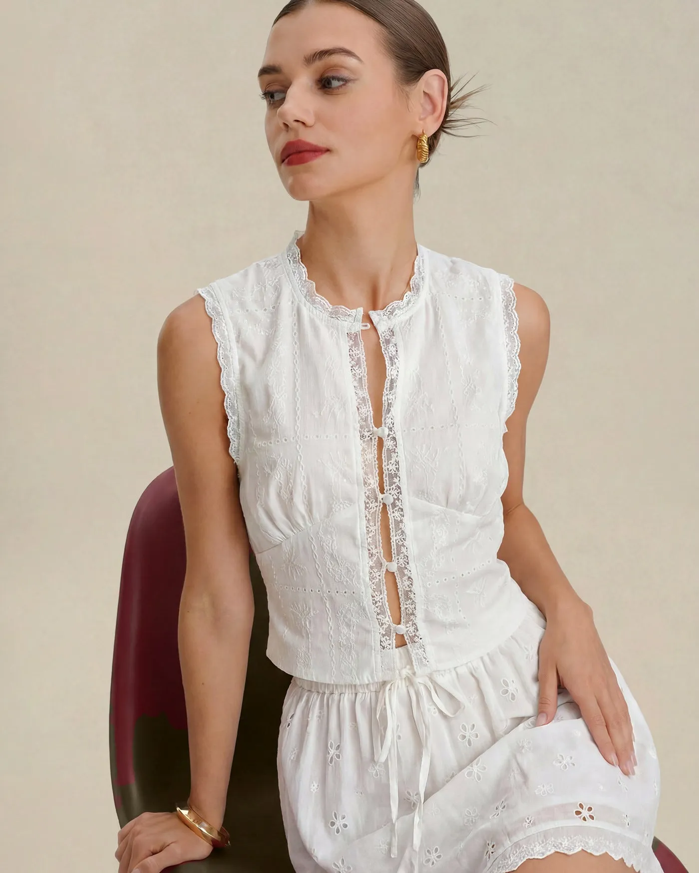 White Embroidery Lace Button Tank Top sold by rihoas product image thumbnail 5