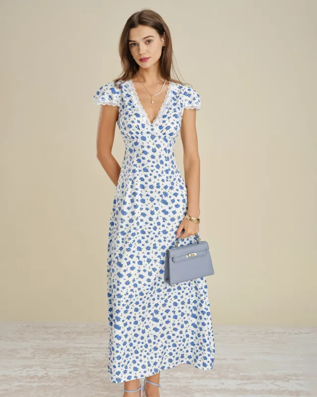 Blue Cap Sleeve Lace Floral Maxi Dress made by rihoas