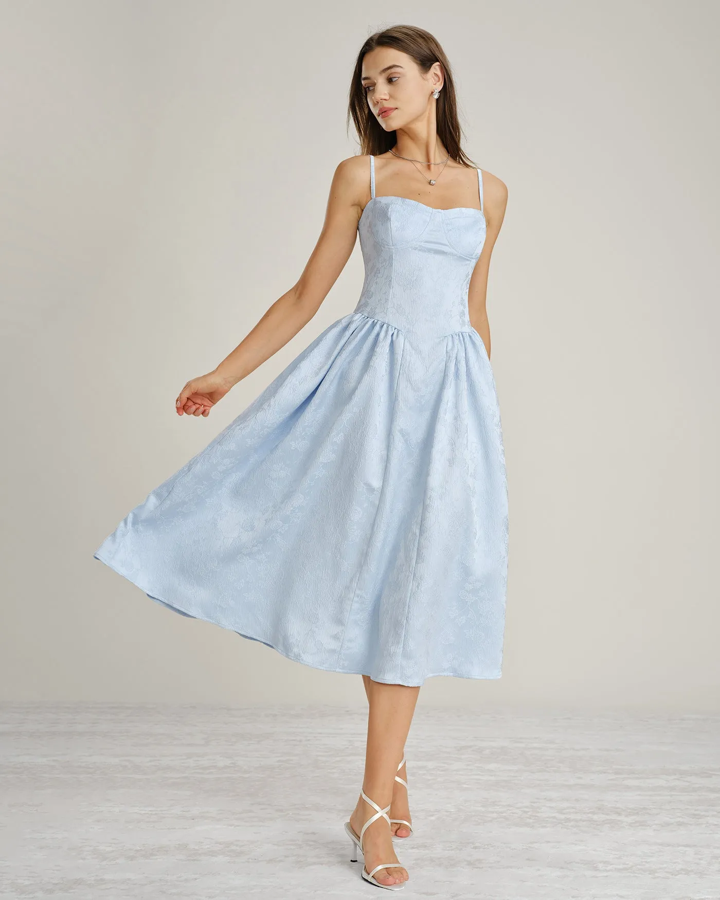 Blue Jacquard Pockets Slip Midi Dress sold by rihoas product image thumbnail 5