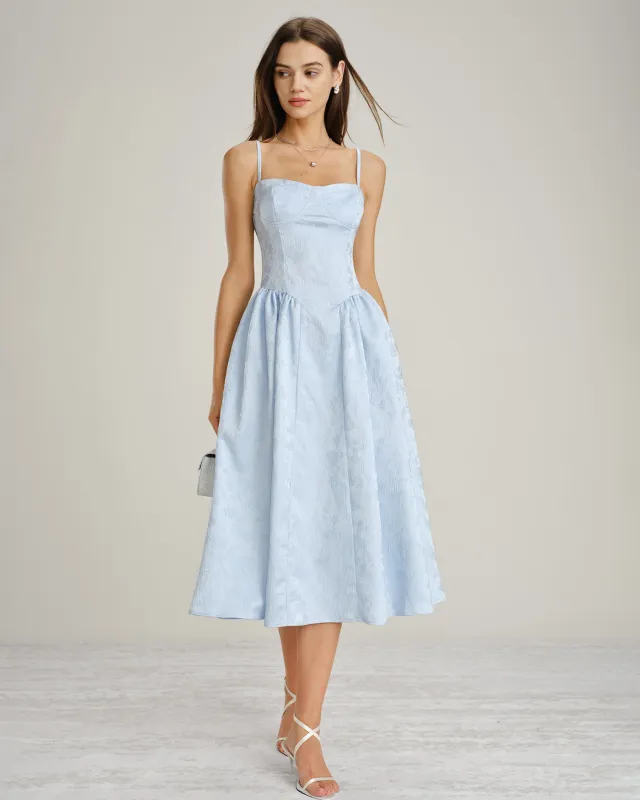 Blue Jacquard Pockets Slip Midi Dress made by rihoas