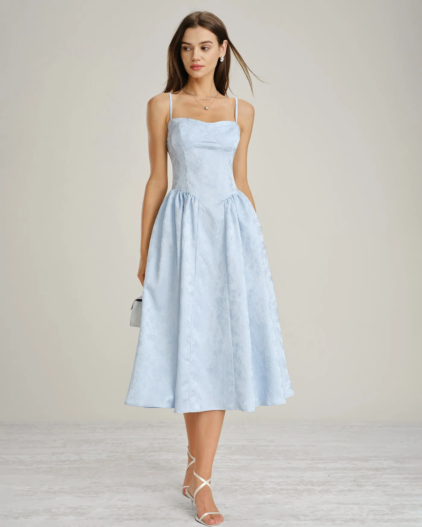Blue Jacquard Pockets Slip Midi Dress sold by rihoas