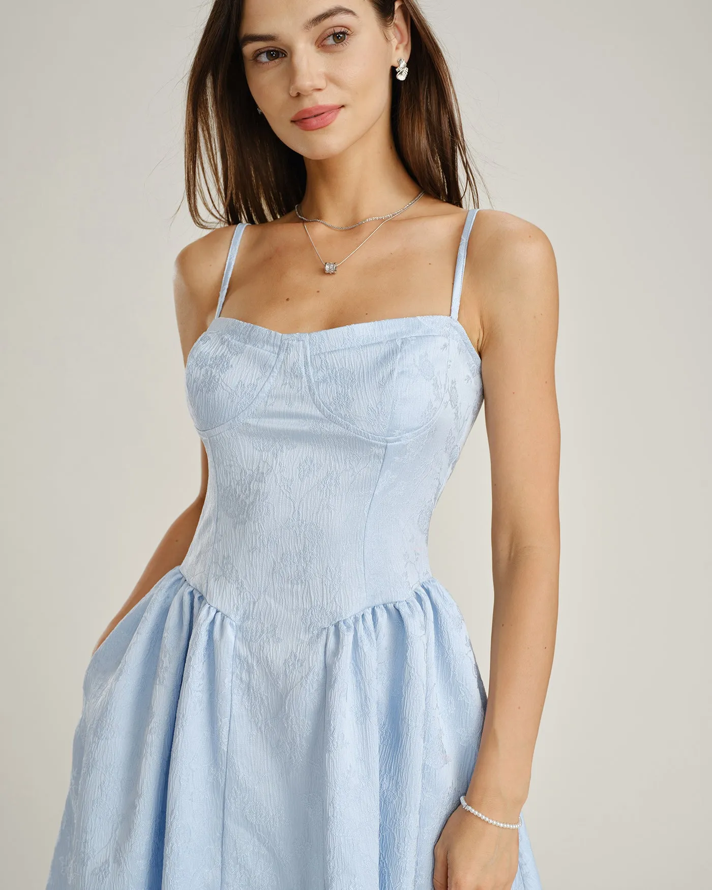 Blue Jacquard Pockets Slip Midi Dress sold by rihoas product image thumbnail 2