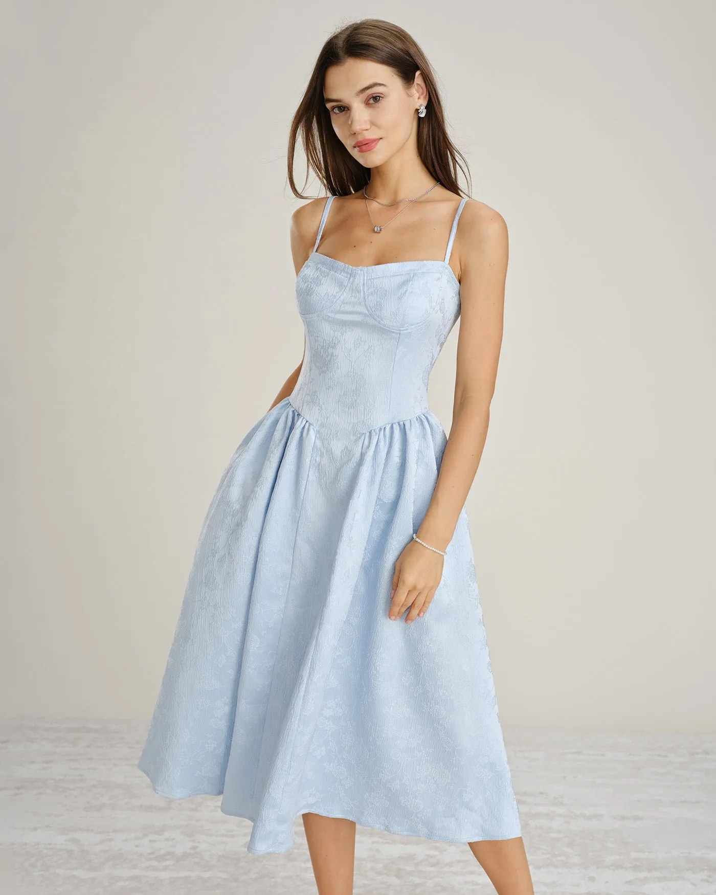 Blue Jacquard Pockets Slip Midi Dress sold by rihoas product image thumbnail 4