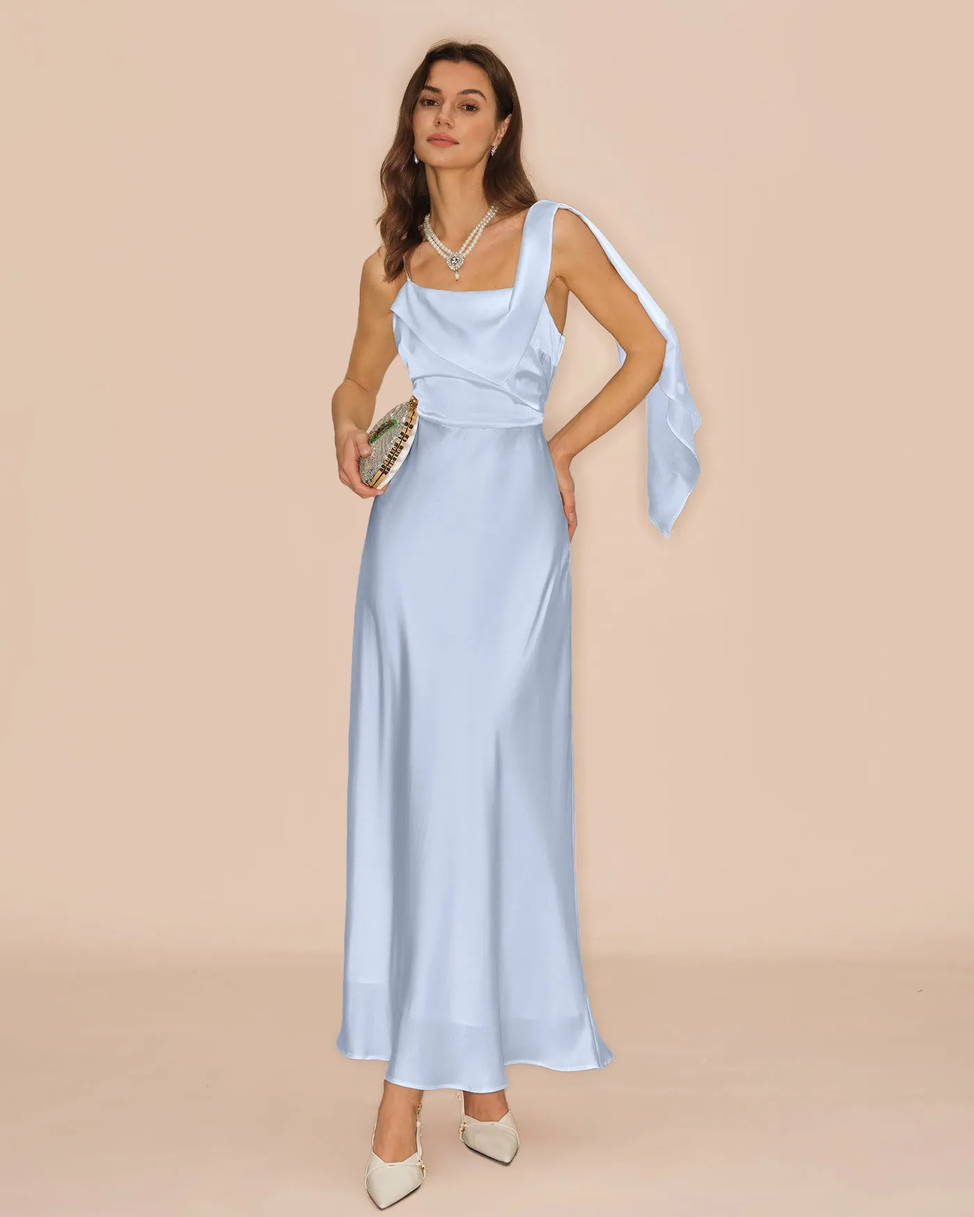 Blue Square Neck Flowy Satin Maxi Dress sold by rihoas