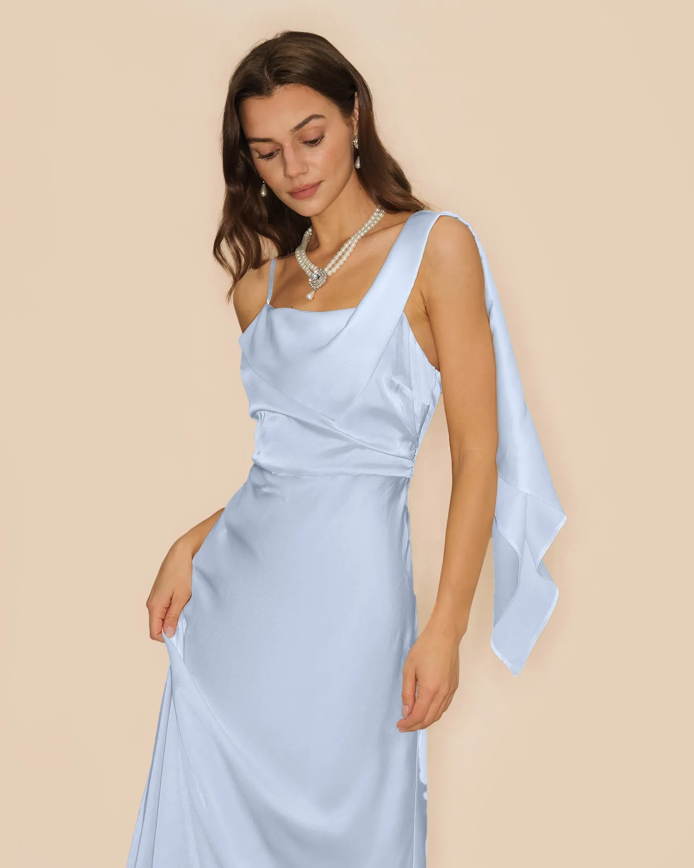 Blue Square Neck Flowy Satin Maxi Dress sold by rihoas product image thumbnail 2