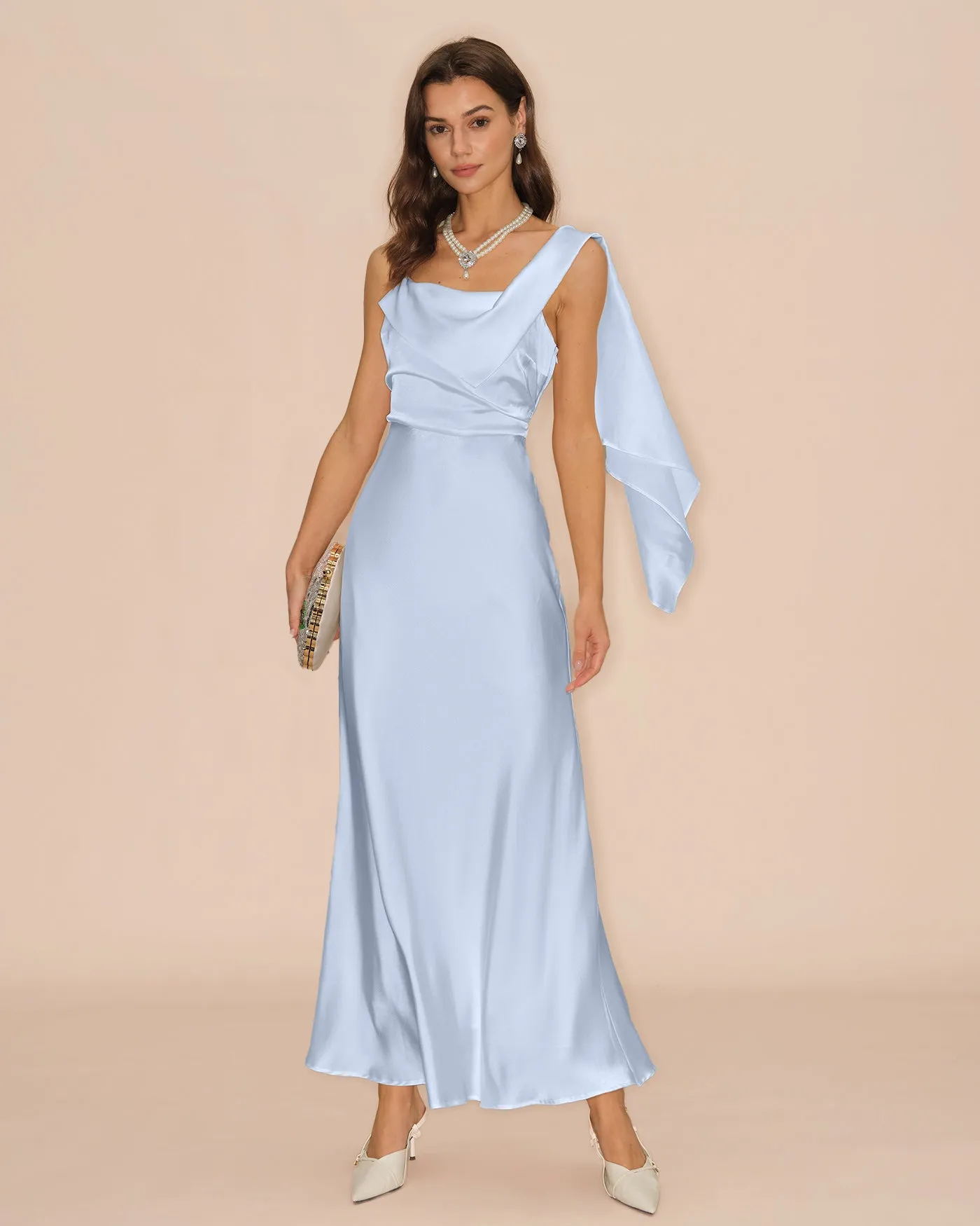 Blue Square Neck Flowy Satin Maxi Dress sold by rihoas product image thumbnail 4