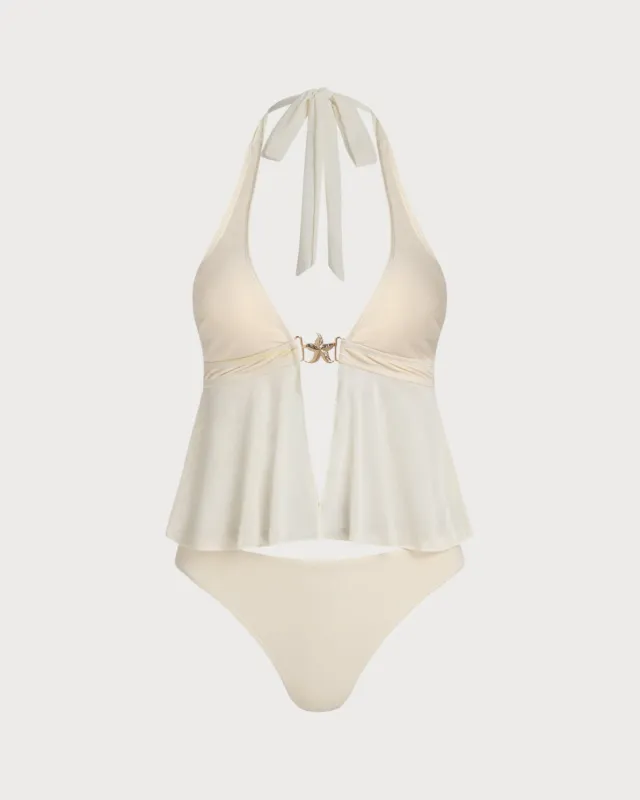 Off White Low Waisted Halter Tankini Set made by rihoas