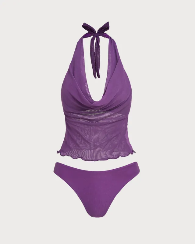 Purple Elastic Waist Tie Tankini Set made by rihoas