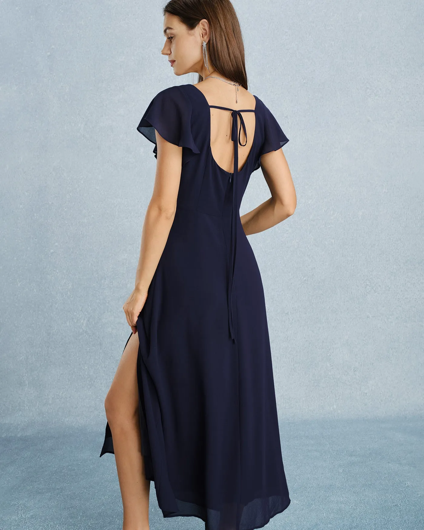 Navy Square Neck Slit Chiffon Maxi Dress sold by rihoas product image thumbnail 5