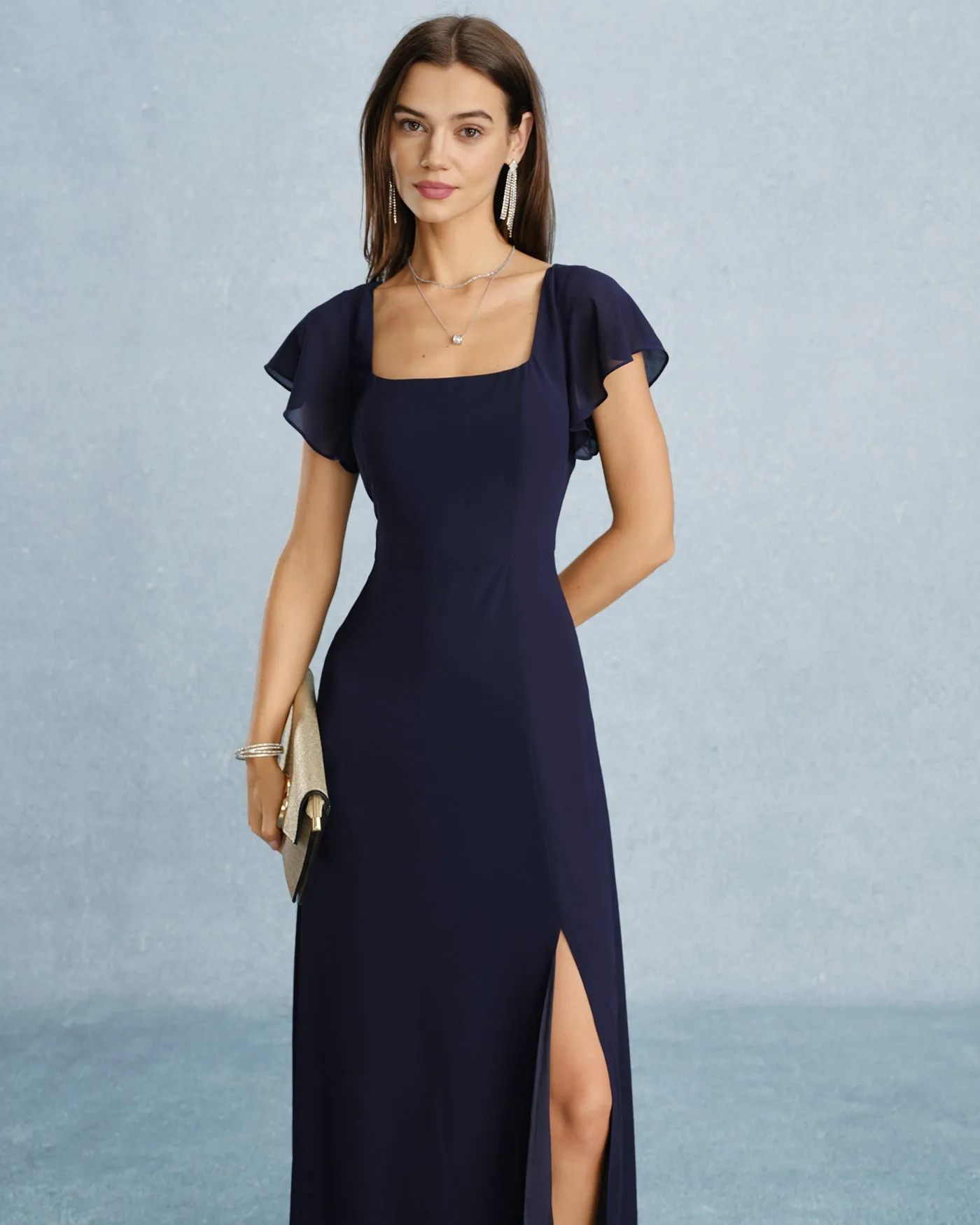 Navy Square Neck Slit Chiffon Maxi Dress sold by rihoas product image thumbnail 3