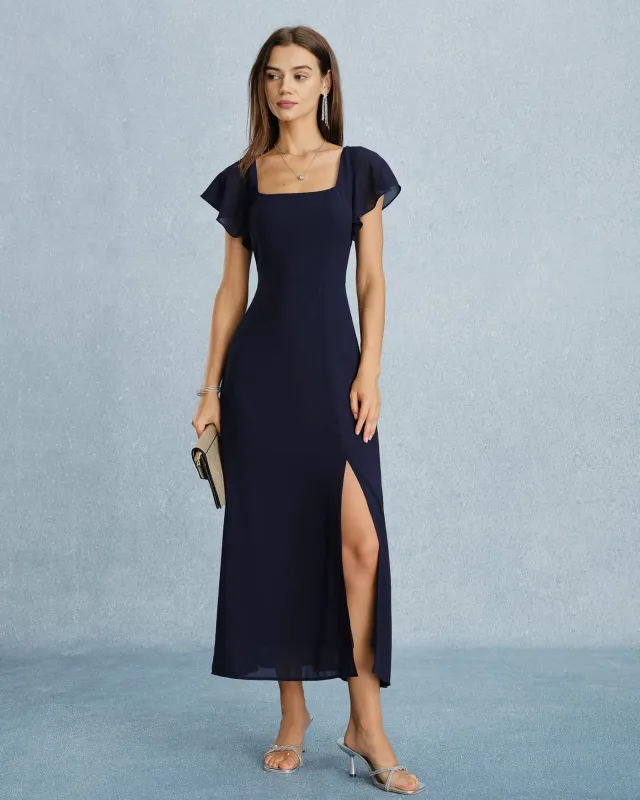 Navy Square Neck Slit Chiffon Maxi Dress made by rihoas
