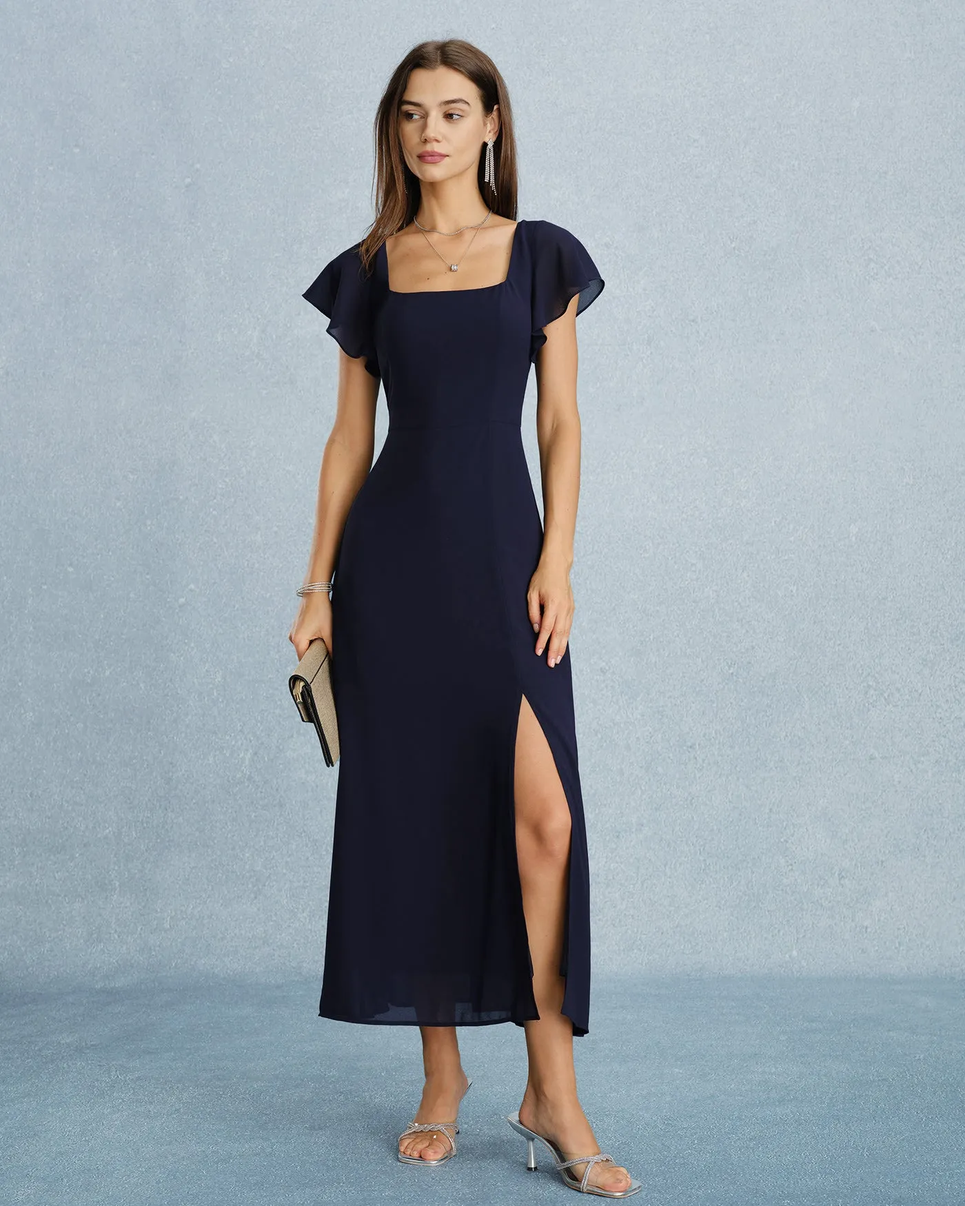 Navy Square Neck Slit Chiffon Maxi Dress sold by rihoas