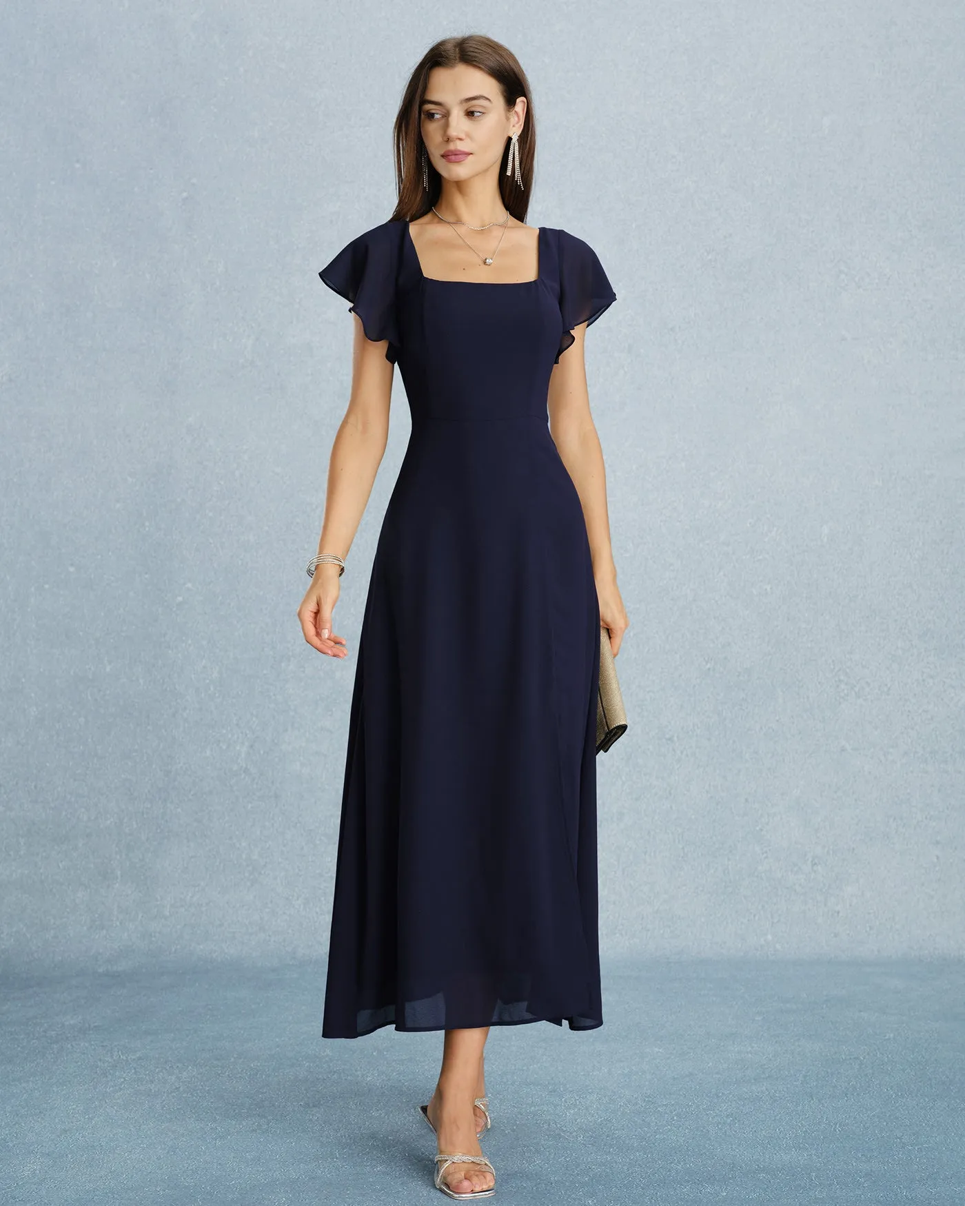 Navy Square Neck Slit Chiffon Maxi Dress sold by rihoas product image thumbnail 4