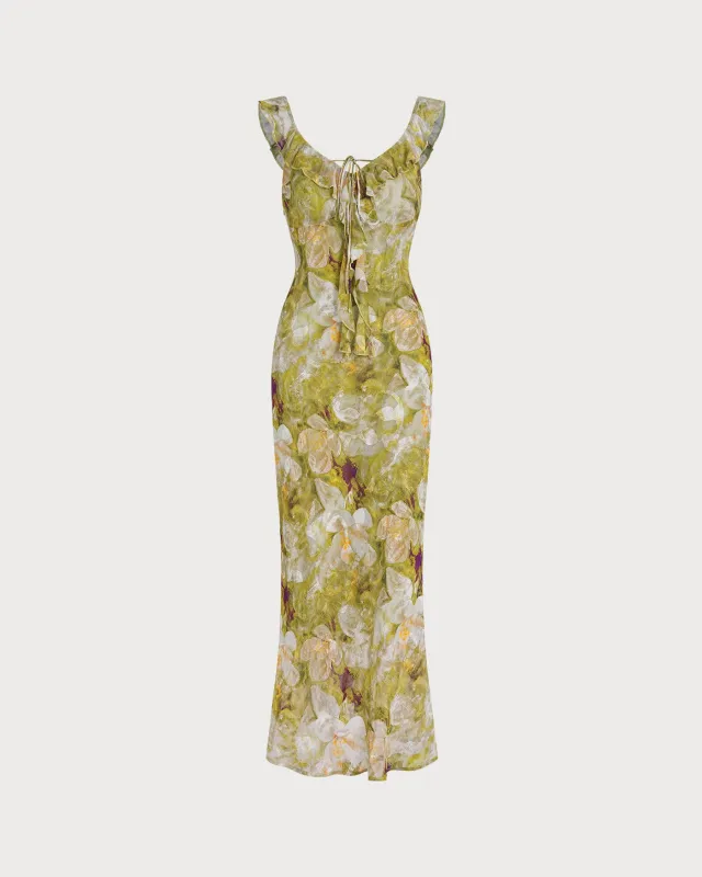 Green V Neck Floral Ruffle Maxi Dress made by rihoas
