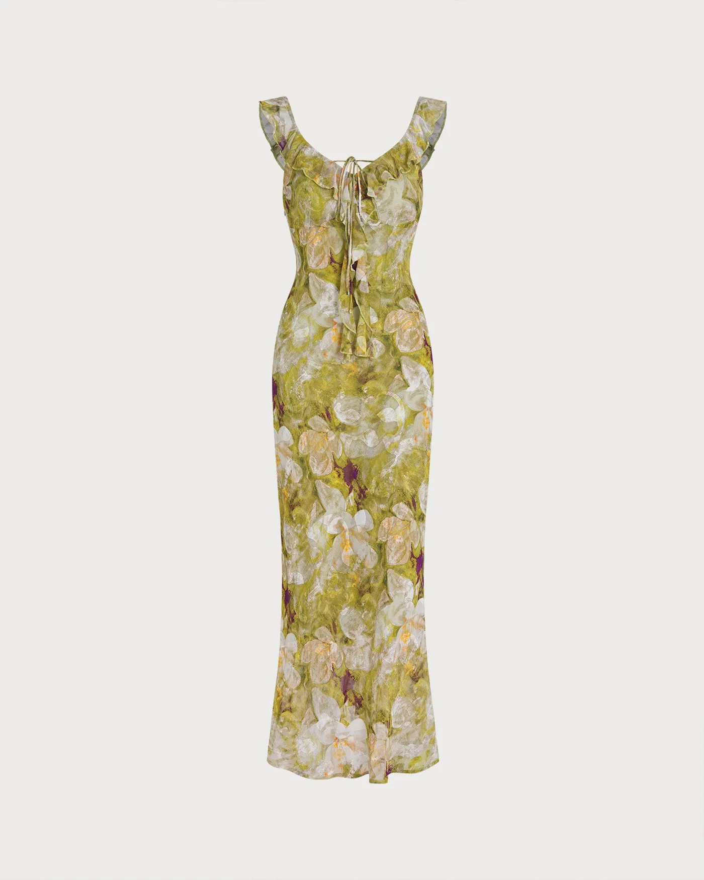 Green V Neck Floral Ruffle Maxi Dress sold by rihoas