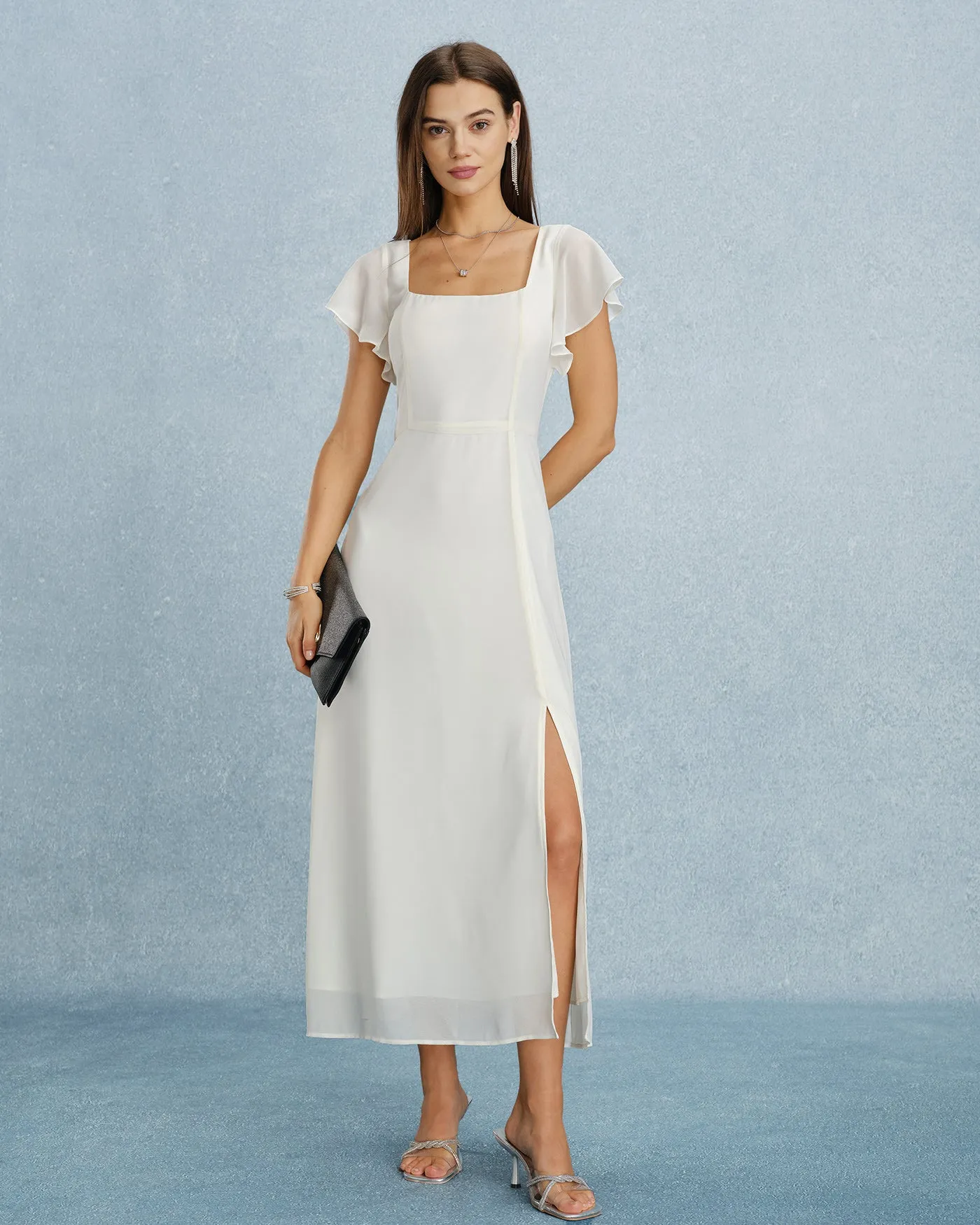 Beige Square Neck Slit Chiffon Maxi Dress sold by rihoas product image thumbnail 3