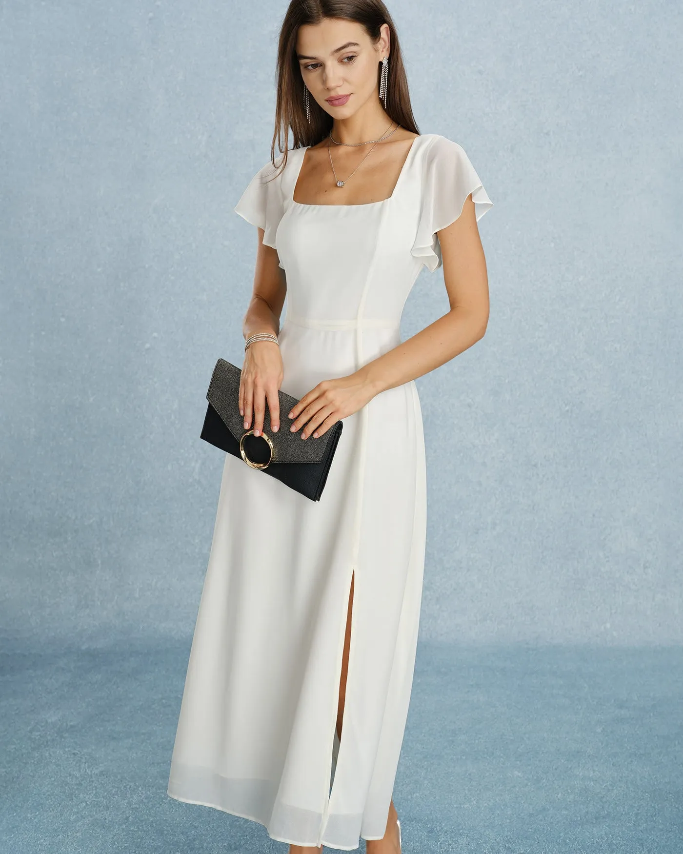 Beige Square Neck Slit Chiffon Maxi Dress sold by rihoas product image thumbnail 5