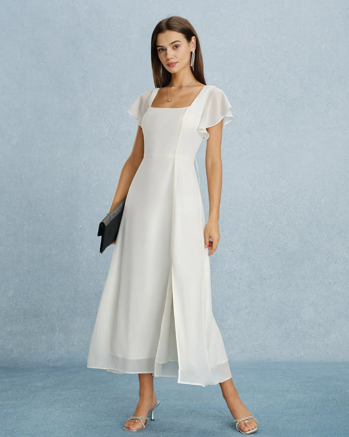 Beige Square Neck Slit Chiffon Maxi Dress sold by rihoas product image thumbnail 4