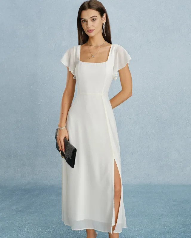 Beige Square Neck Slit Chiffon Maxi Dress made by rihoas