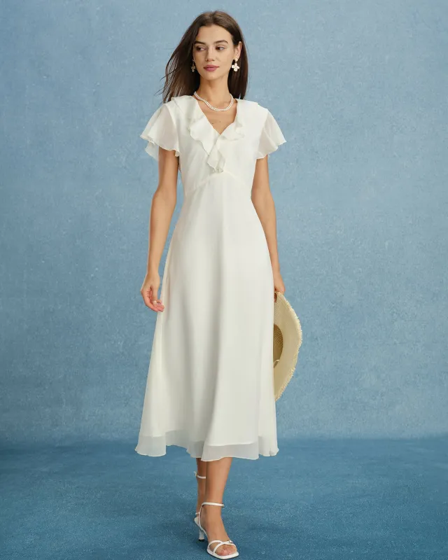 Apricot V Neck Ruffle Chiffon Midi Dress made by rihoas