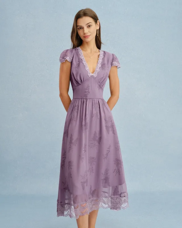 Purple V Neck Lace Splicing Midi Dress made by rihoas