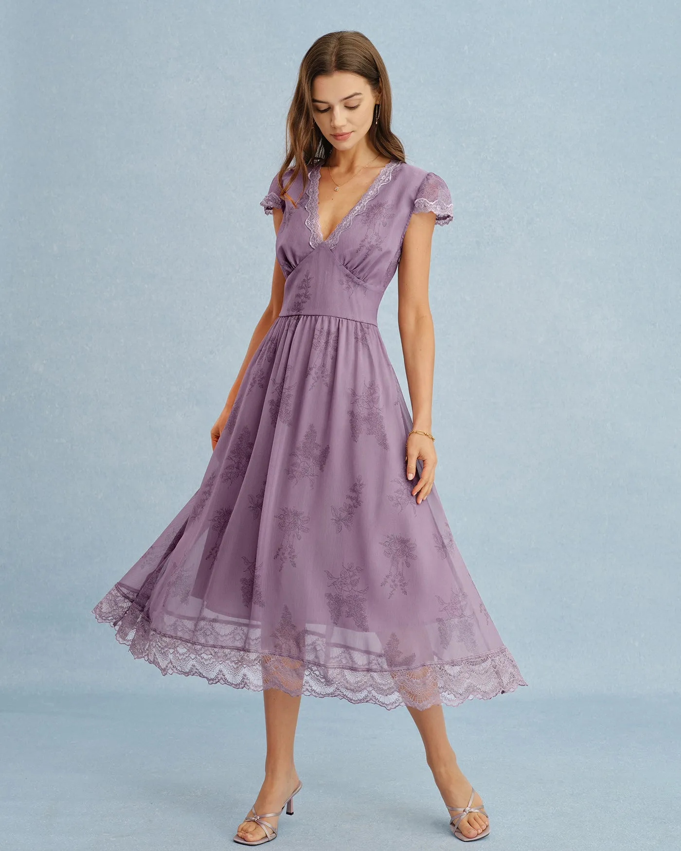 Purple V Neck Lace Splicing Midi Dress sold by rihoas product image thumbnail 4