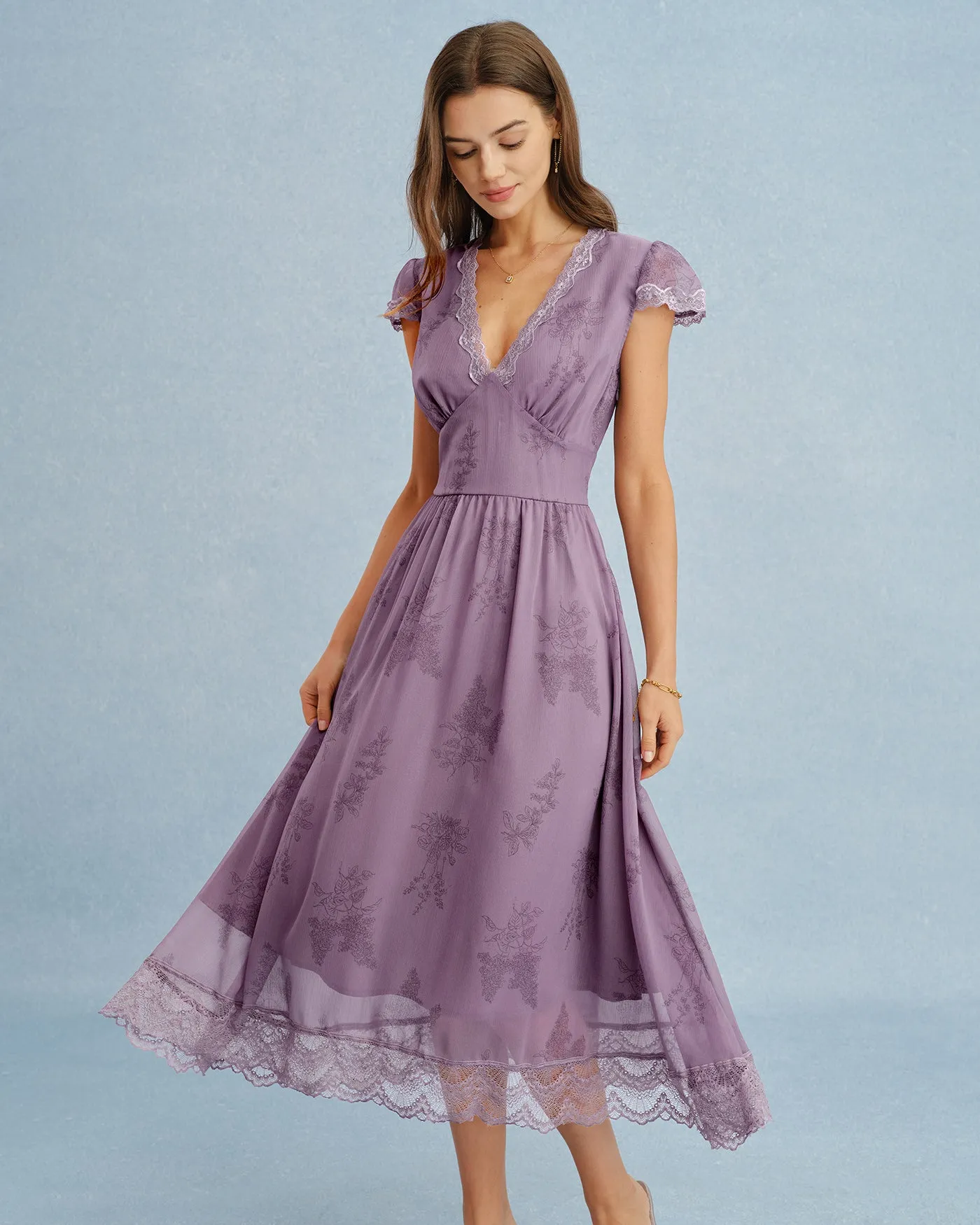 Purple V Neck Lace Splicing Midi Dress sold by rihoas product image thumbnail 3