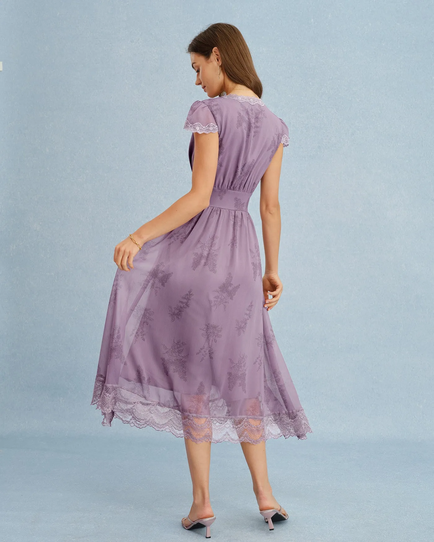 Purple V Neck Lace Splicing Midi Dress sold by rihoas product image thumbnail 5