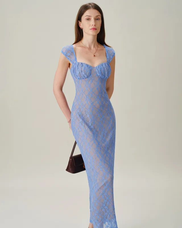 Blue Sweetheart Neck Lace Maxi Dress made by rihoas