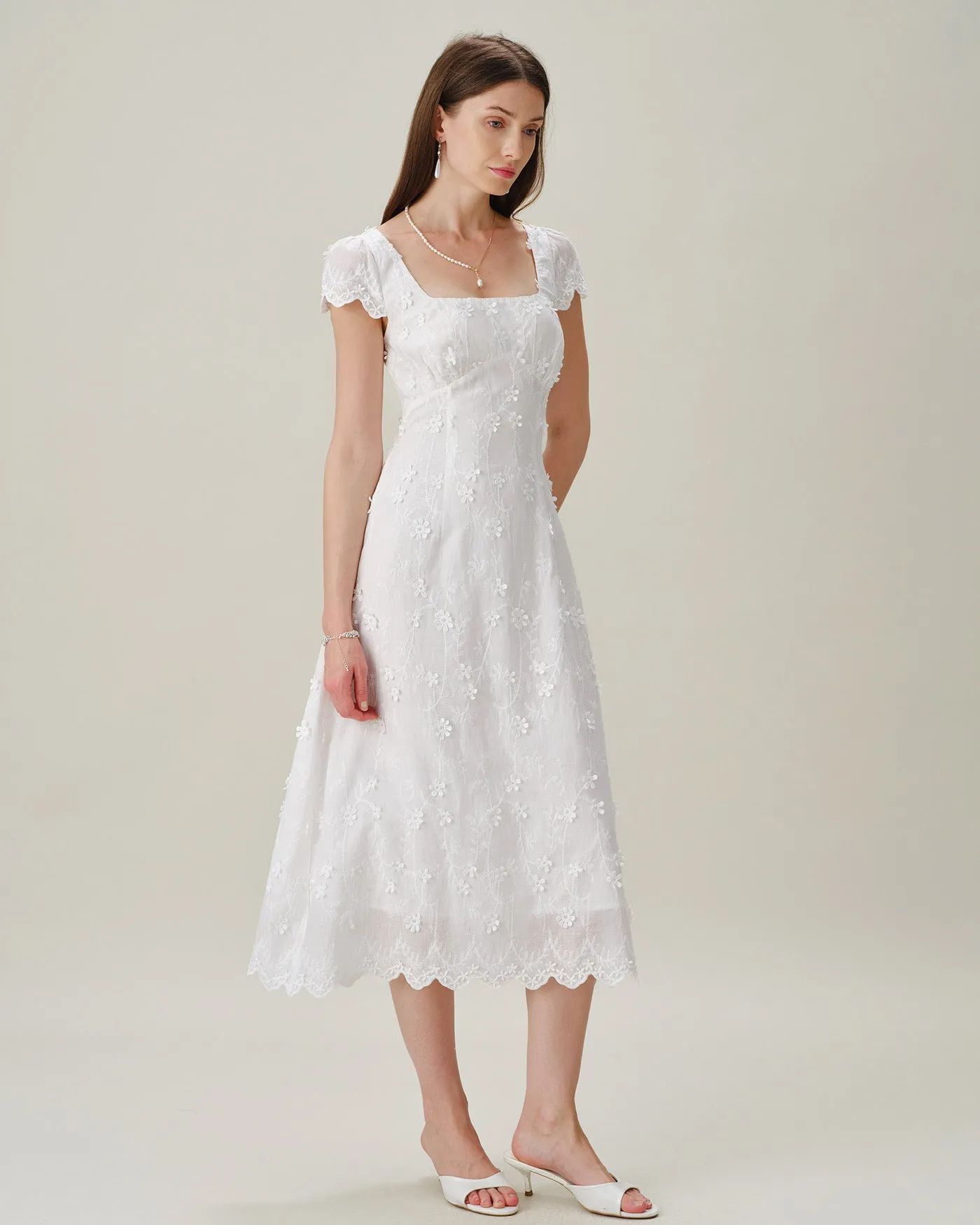 White Square Neck Embroidery Midi Dress sold by rihoas product image thumbnail 3
