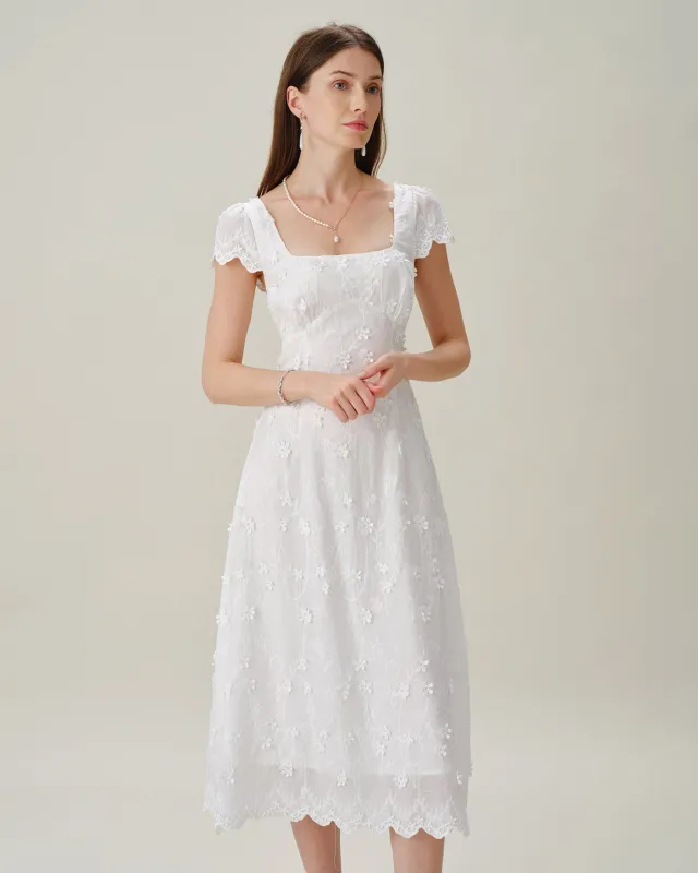 White Square Neck Embroidery Midi Dress made by rihoas