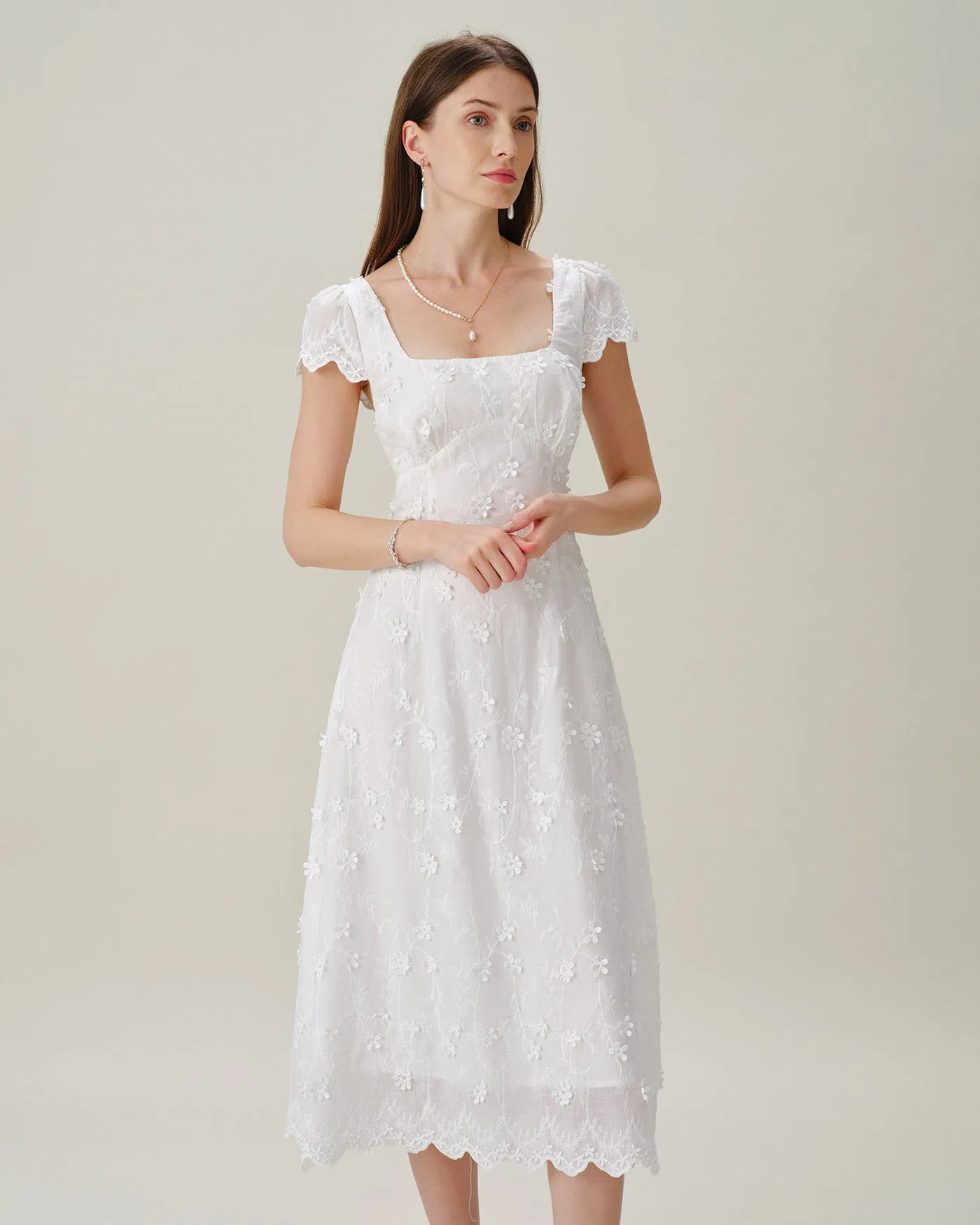 White Square Neck Embroidery Midi Dress sold by rihoas