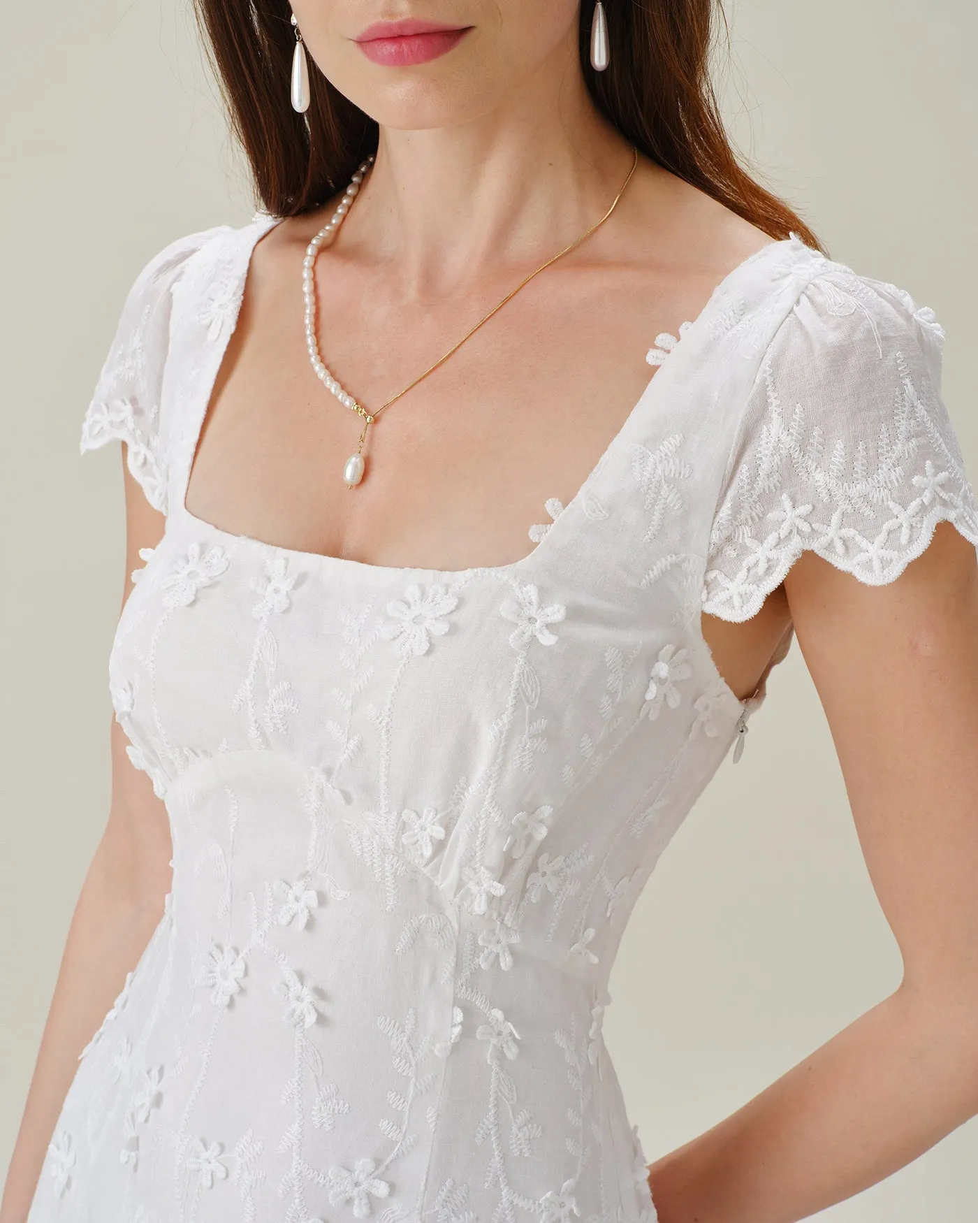 White Square Neck Embroidery Midi Dress sold by rihoas product image thumbnail 2