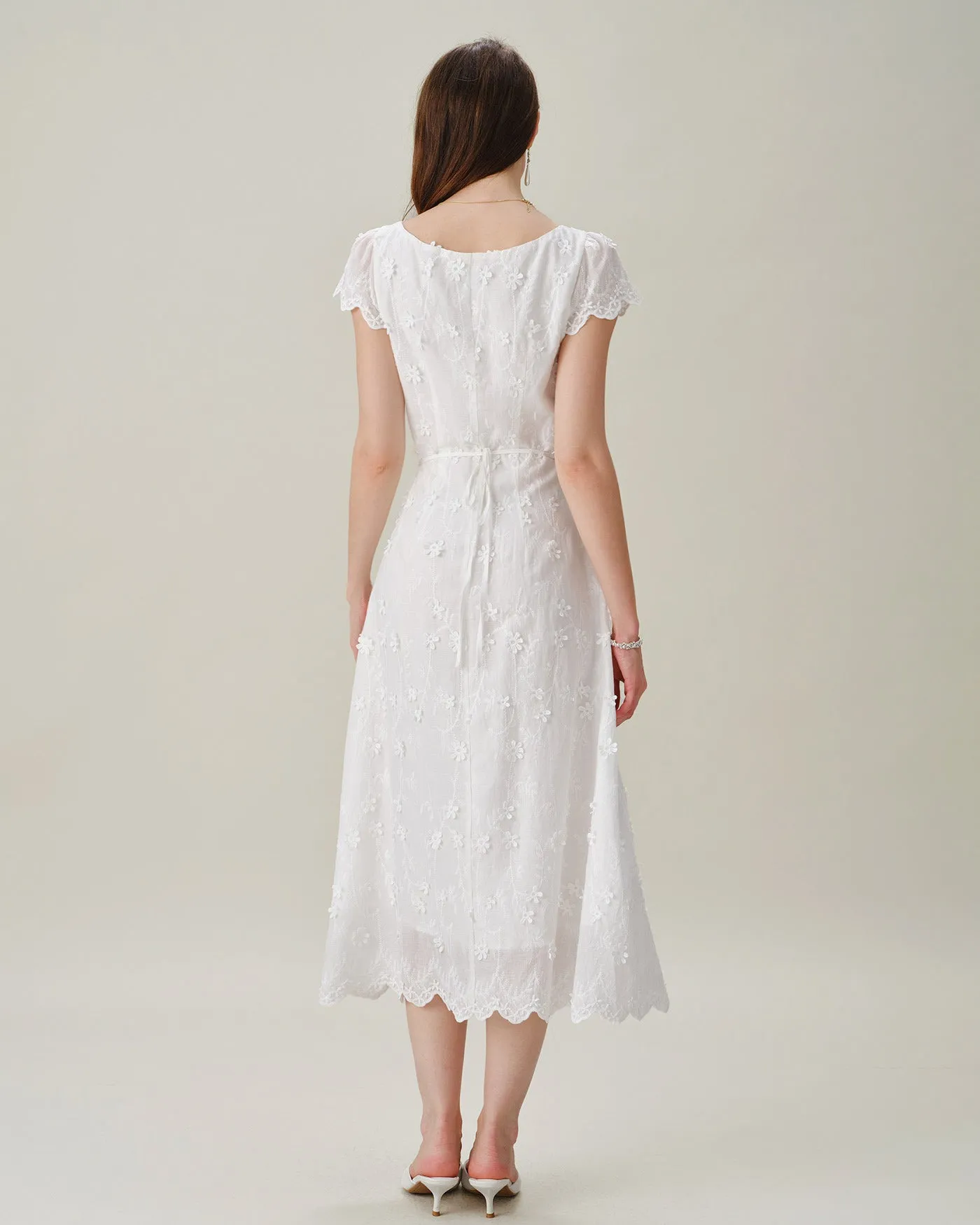 White Square Neck Embroidery Midi Dress sold by rihoas product image thumbnail 4