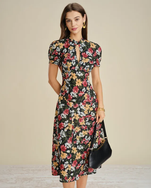 Black Turtle Puffed Sleeve Floral Midi Dress made by rihoas