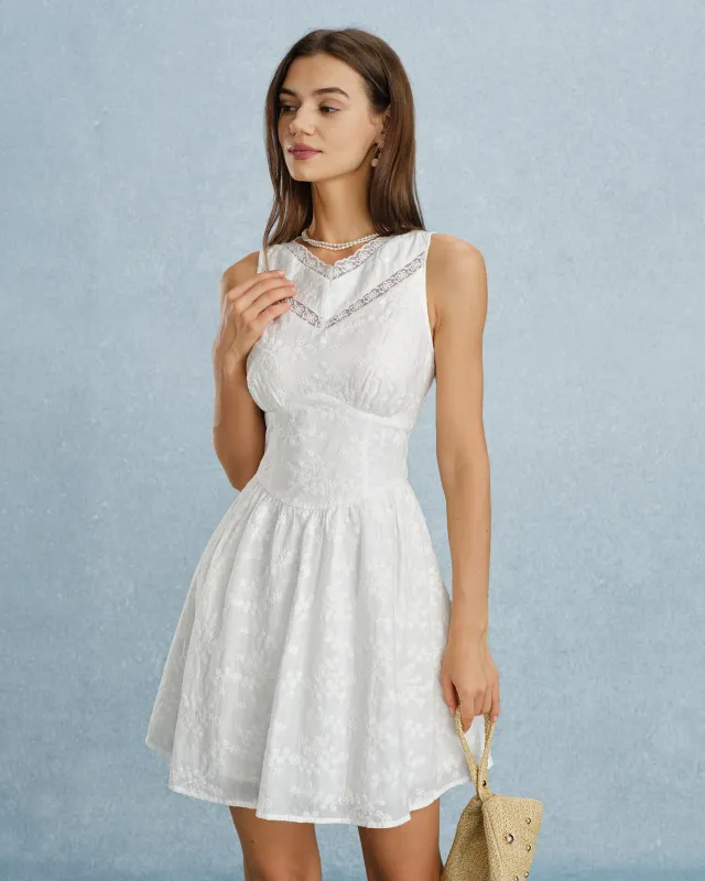 White V Neck Lace Embroidery Mini Dress made by rihoas