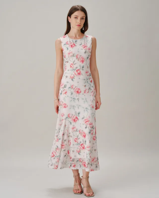 Pink Round Neck Sleeveless Floral Maxi Dress made by rihoas