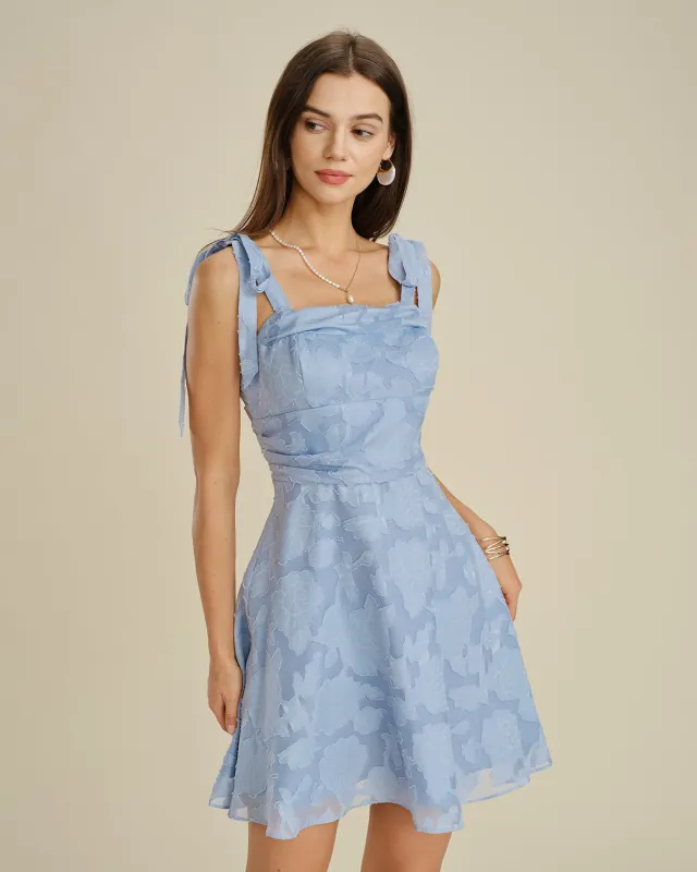 Blue Square Neck Tie Strap Jacquard Mini Dress made by rihoas