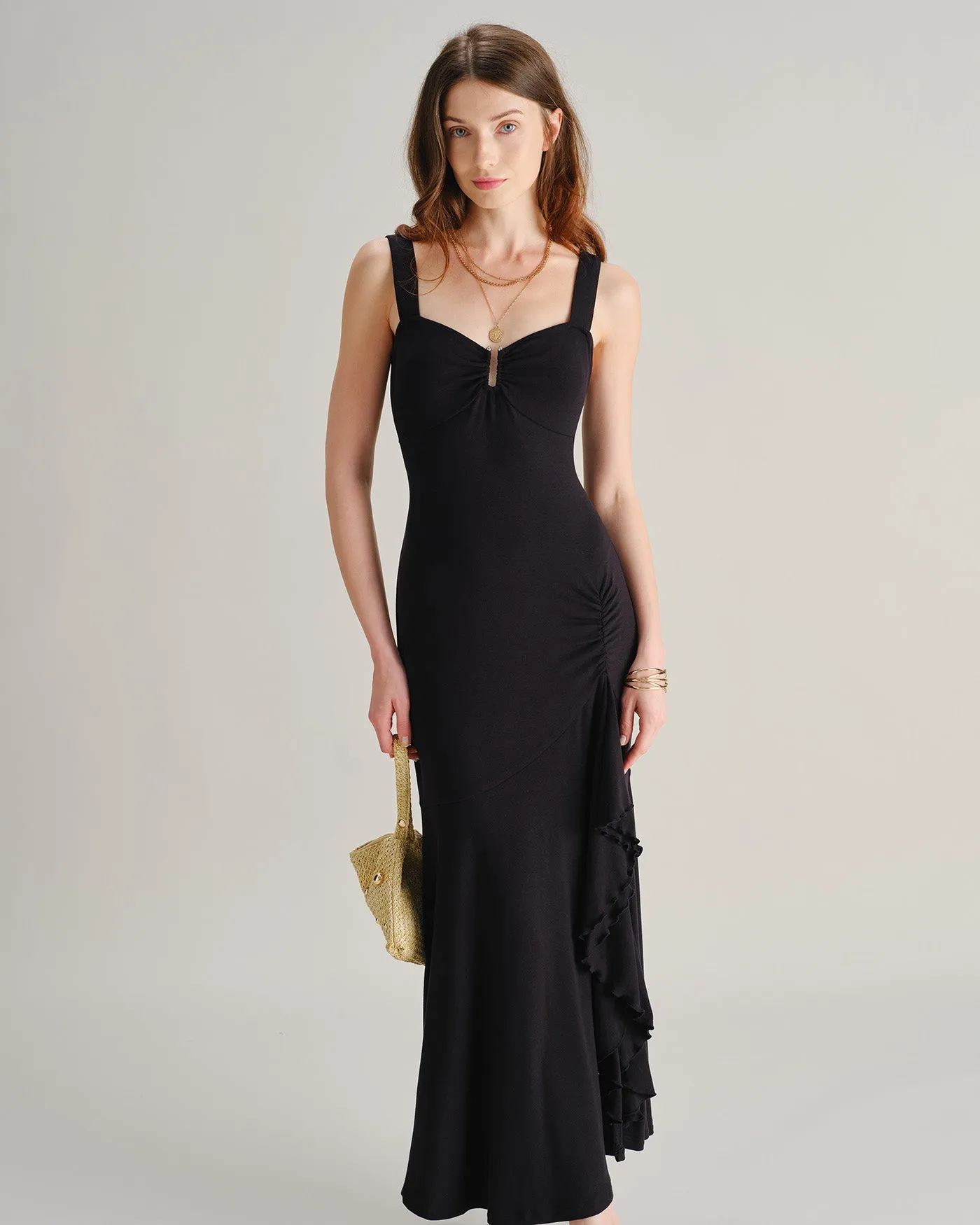 Black Sweetheart Neck Slit Ruffle Maxi Dress sold by rihoas product image thumbnail 3