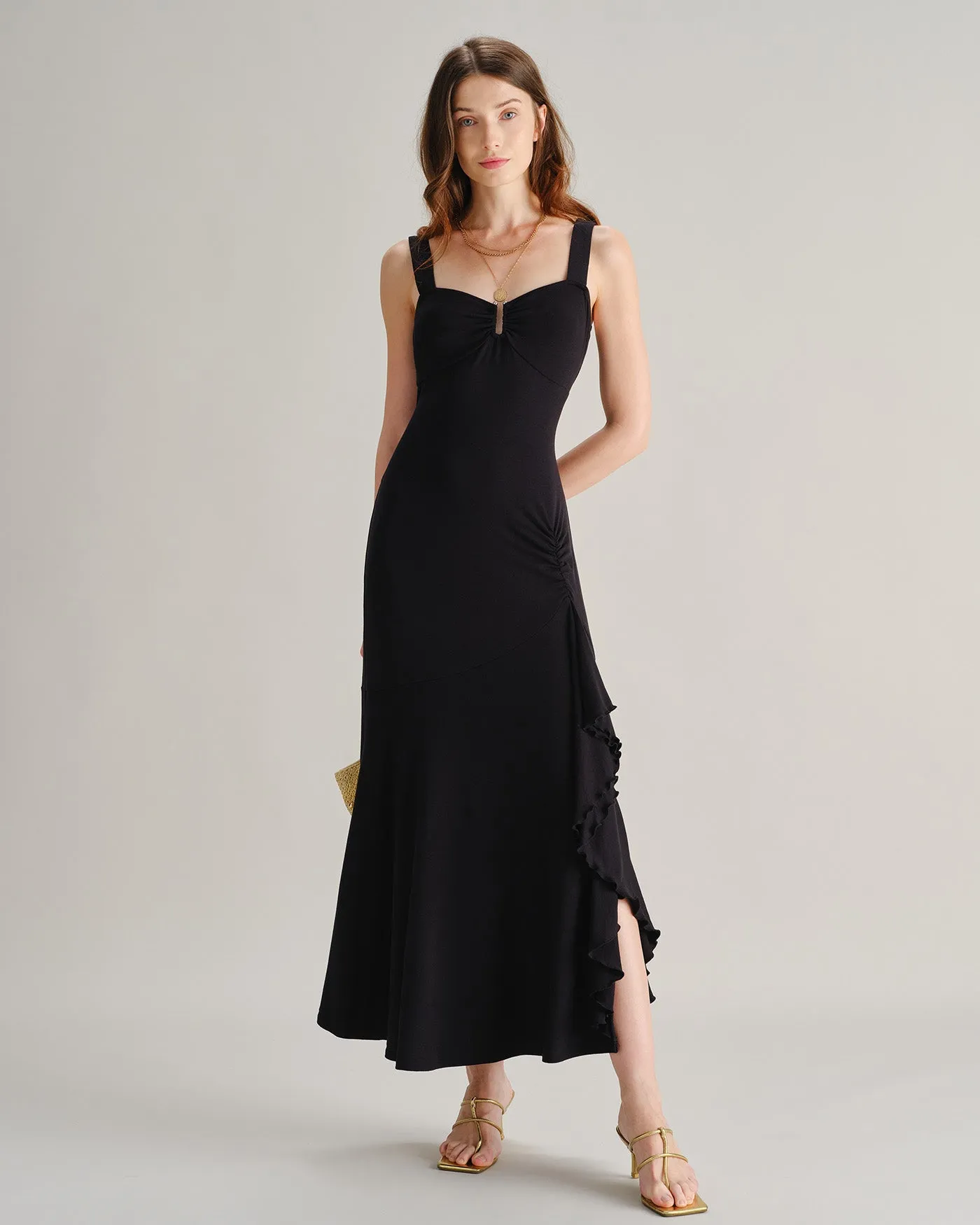 Black Sweetheart Neck Slit Ruffle Maxi Dress sold by rihoas product image thumbnail 4