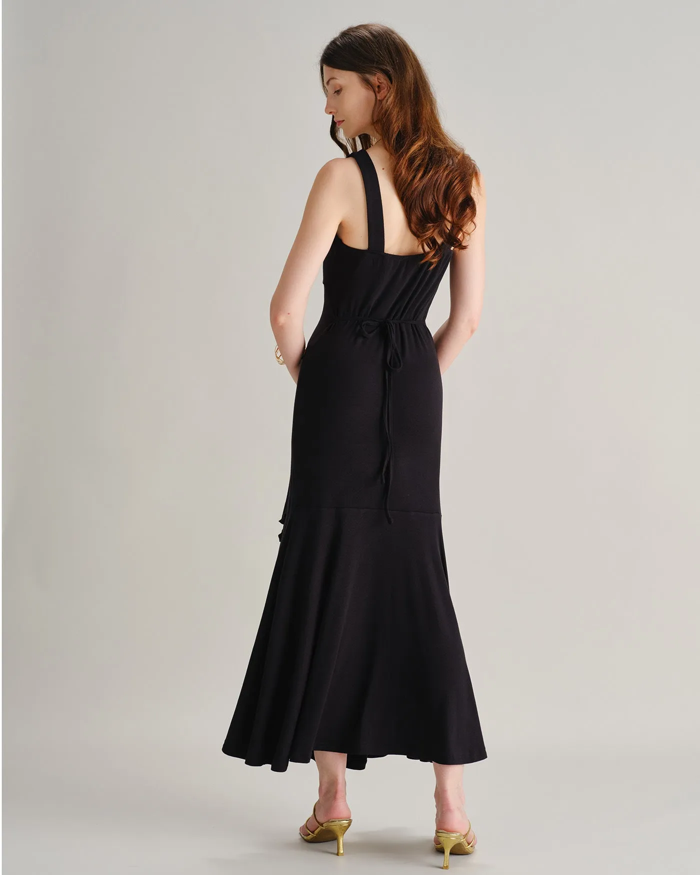 Black Sweetheart Neck Slit Ruffle Maxi Dress sold by rihoas product image thumbnail 5
